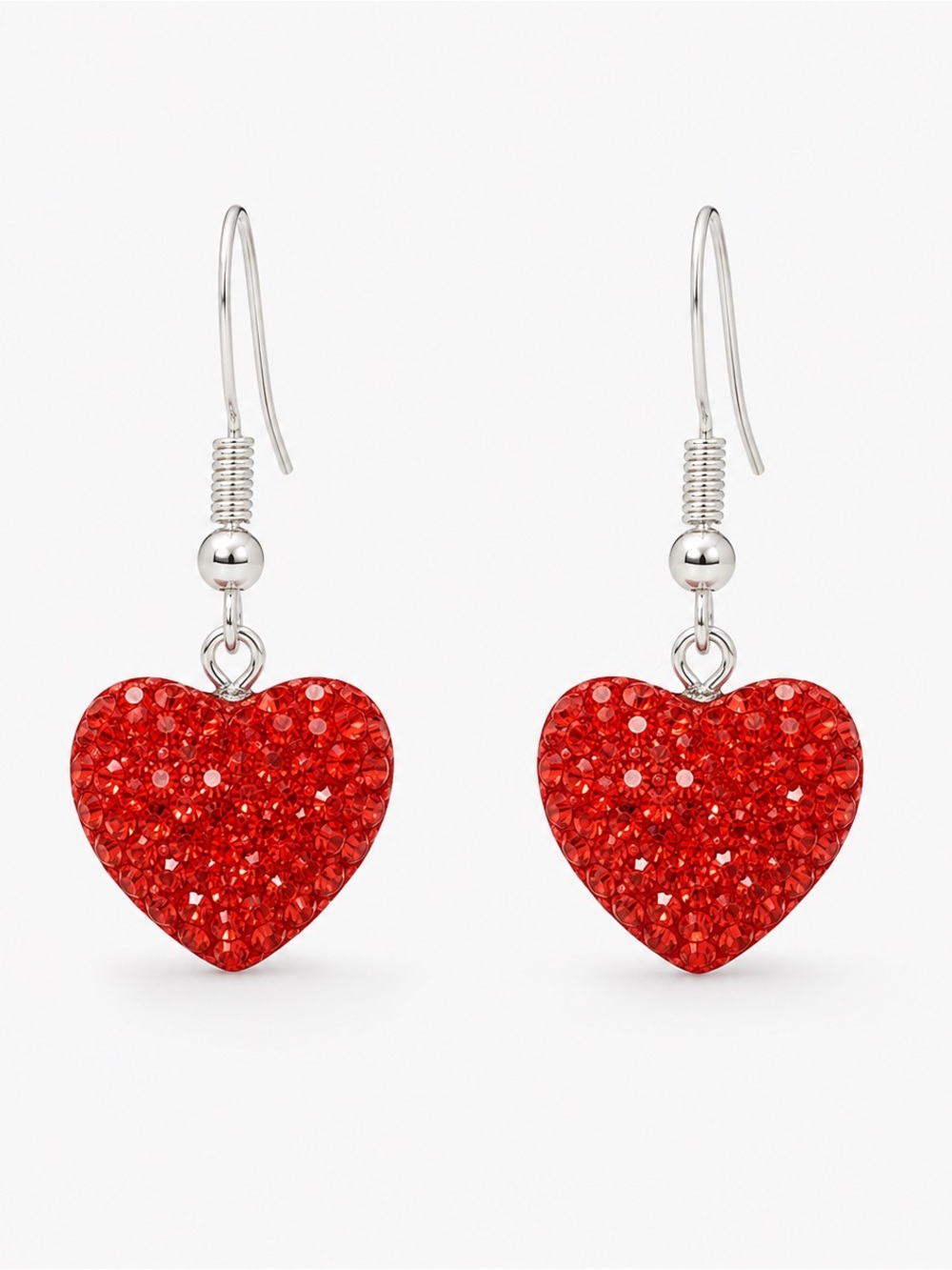 Sparkling Red Heart Sterling Silver Dangle Earrings